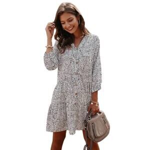 Women’s Single Breasted Print V-Neck Three Quarter Sleeve Mini Dress Small